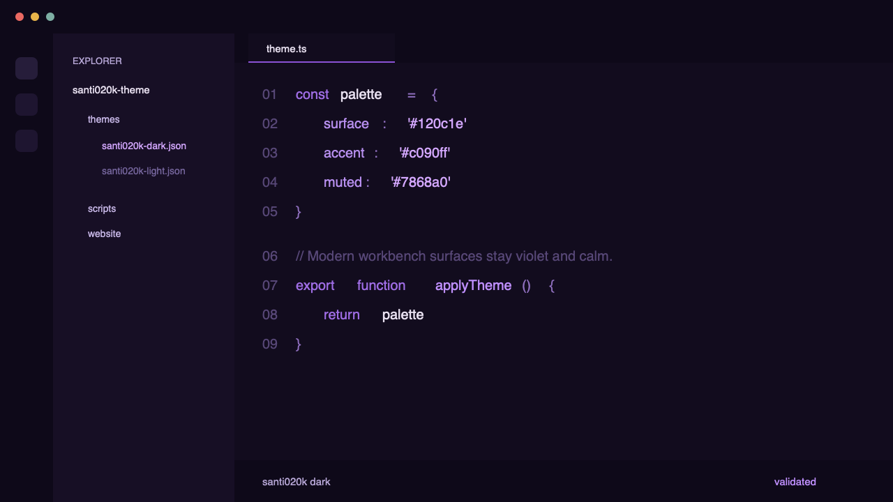 Santi020k dark preview shown as the Zed theme hero image